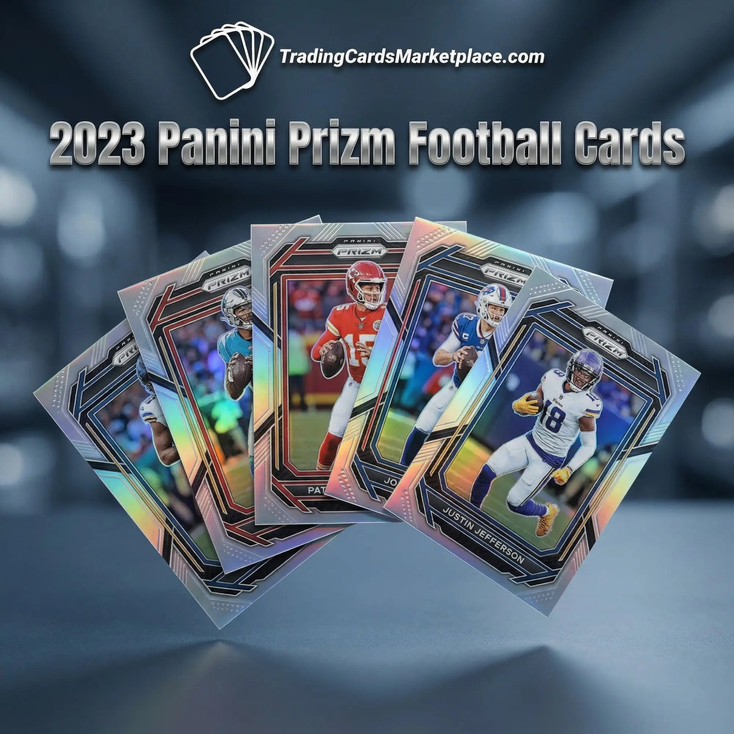 Shiny, iridescent 2023 panini prizm football trading cards featuring players in vibrant team uniforms and bold black-and-silver borders.