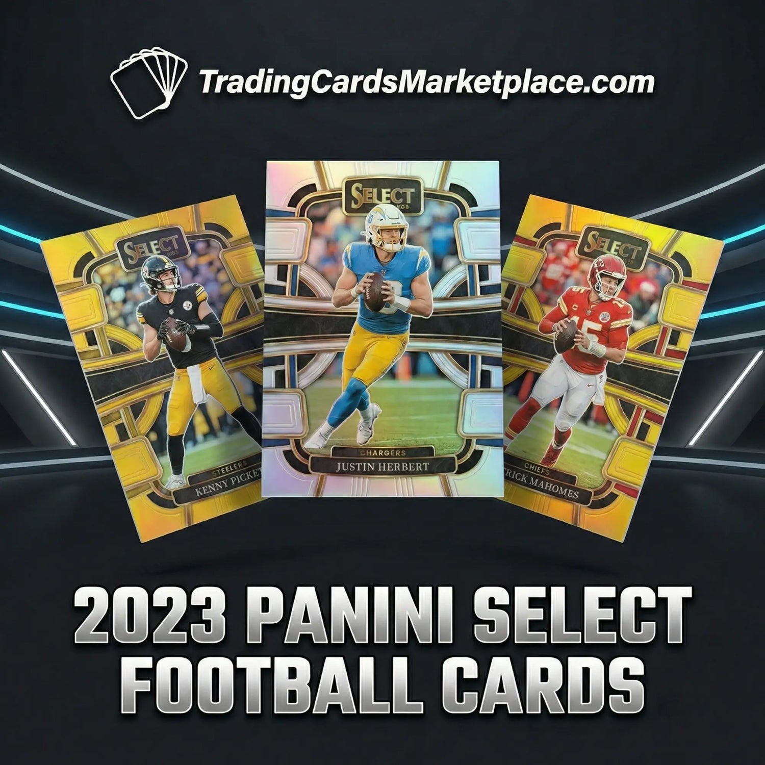 Three glossy, gold-accented 2023 panini select football trading cards featuring players in their team uniforms.