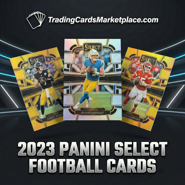 Three glossy, gold-accented 2023 panini select football trading cards featuring players in their team uniforms.