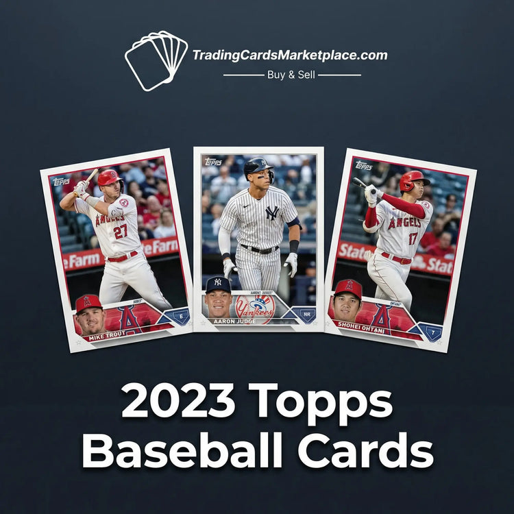 Three 2023 topps baseball trading cards featuring mike trout, aaron judge, and shohei ohtani.