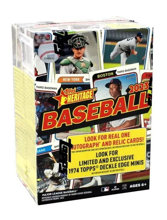 2023 Topps Heritage Baseball Blaster Box with vintage-style card designs and relic cards