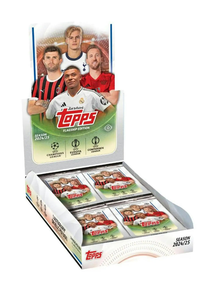 Topps 2024/25 UEFA Club Competitions Soccer Hobby Box with Flagship Edition trading card display featuring foilfractor parallel
