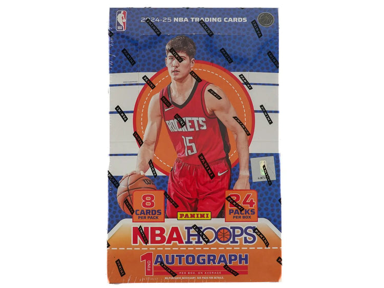 NBA Hoops trading card box featuring Hoops Art Signatures and art signatures for 2024-25 Panini Hoops Basketball Hobby Box