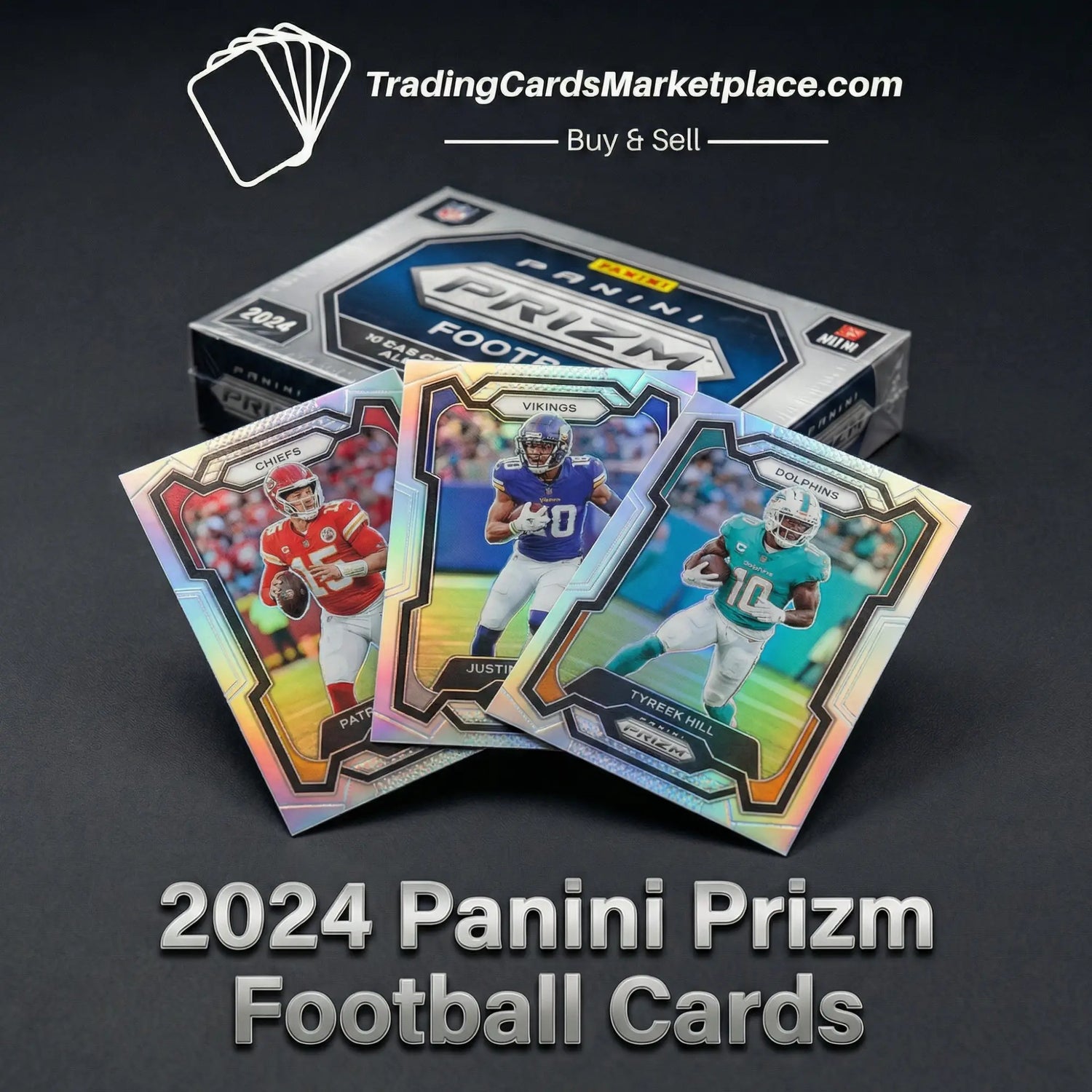 Iridescent football trading cards featuring players from the chiefs, vikings, and dolphins in vibrant team colors.