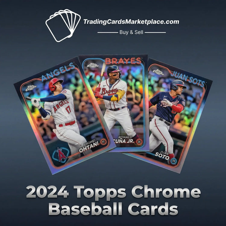 Three glossy, iridescent 2024 topps chrome baseball cards featuring shohei ohtani, ronald acuña jr., and juan soto in their respective team uniforms.