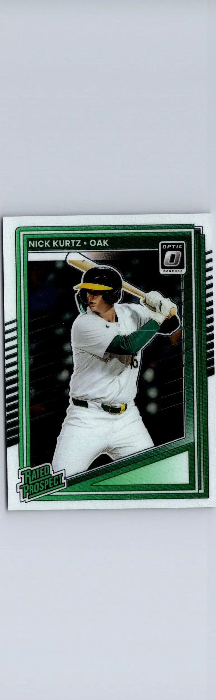 Baseball trading card of Nick Kurtz of the Oakland Athletics with green border and Optic logo