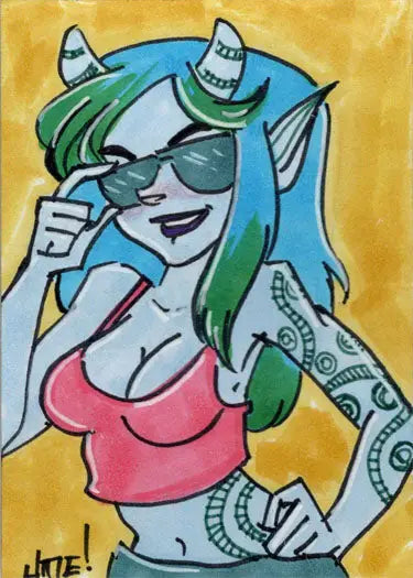 Cartoon succubus sweethearts character with horns, green hair, and tattoos on sketch card
