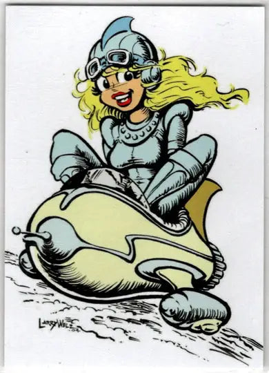 Cartoon woman in futuristic vehicle on Cherry Delight 5finity Larry Welz promo card