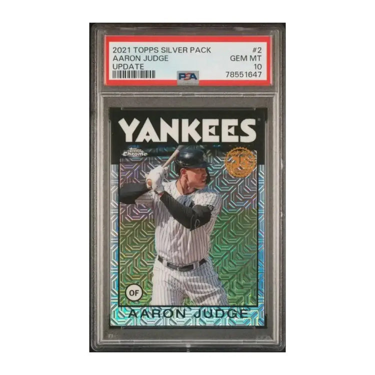 Yankees aaron judge baseball card with pinstriped jersey and black helmet.