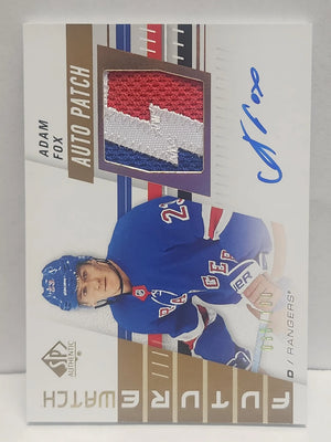 Hockey trading card of Adam Fox 2019 Upper Deck SP Authentic Rookie Patch Auto