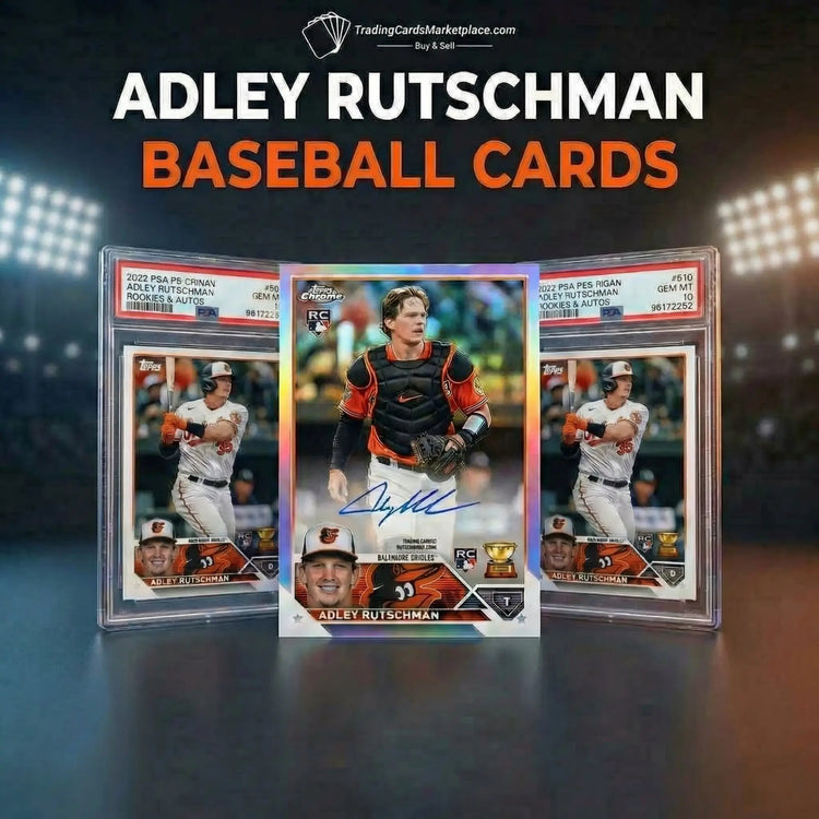 Signed 2022 topps chrome baseball card featuring adley rutschman in his baltimore orioles catcher gear, encased in a protective psa grading slab.