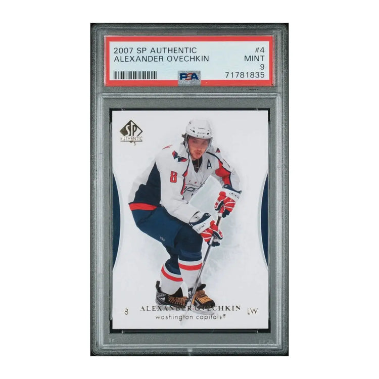 Hockey card featuring alex ovechkin in a red capitals jersey with white stars and ’mvp’ text.