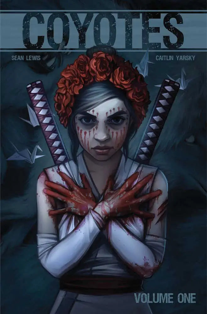 A darkly illustrated comic book cover featuring a woman with red roses in her hair, blood-stained hands crossed over her chest, and two swords behind her.