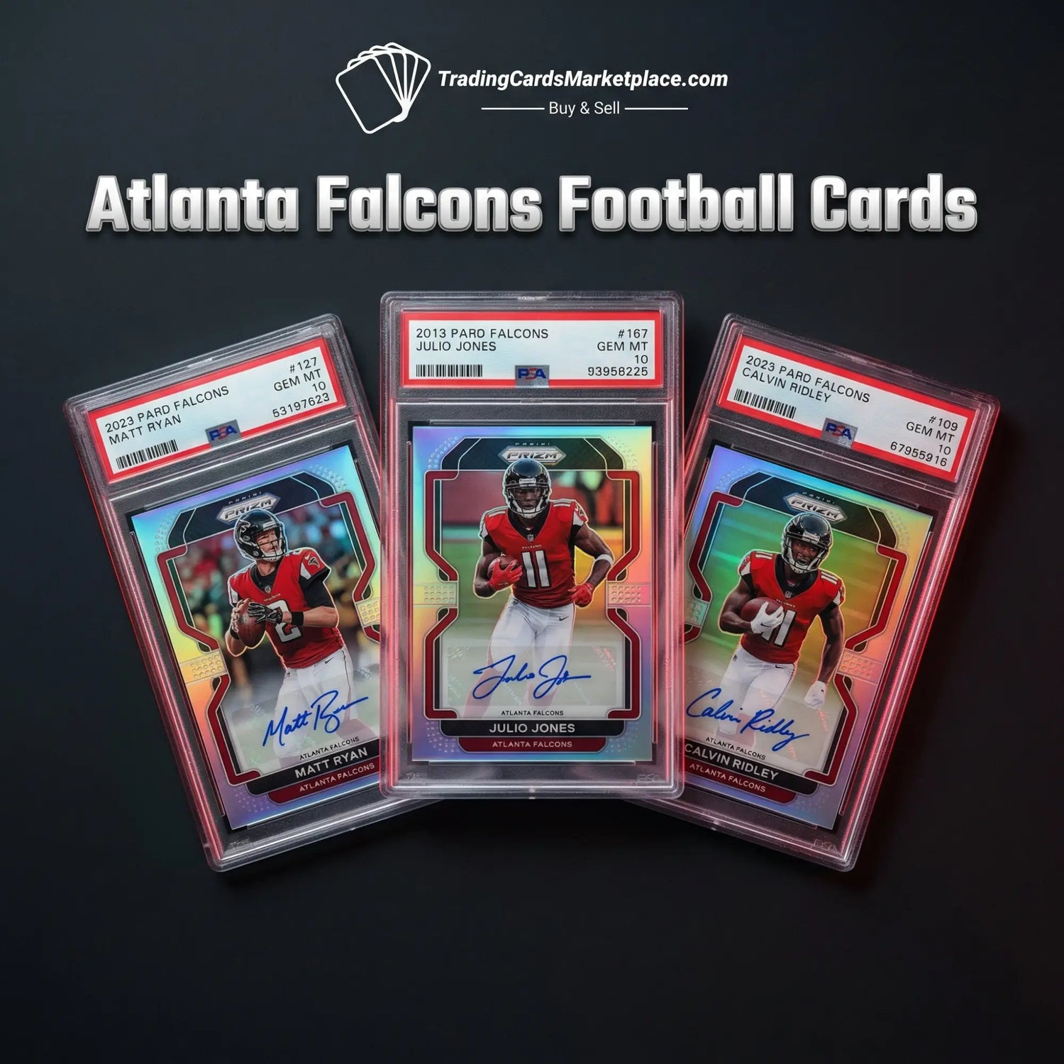 Three collectible atlanta falcons football trading cards, each encased in a clear protective slab with red and silver holographic borders.