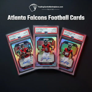 Three collectible atlanta falcons football trading cards, each encased in a clear protective slab with red and silver holographic borders.