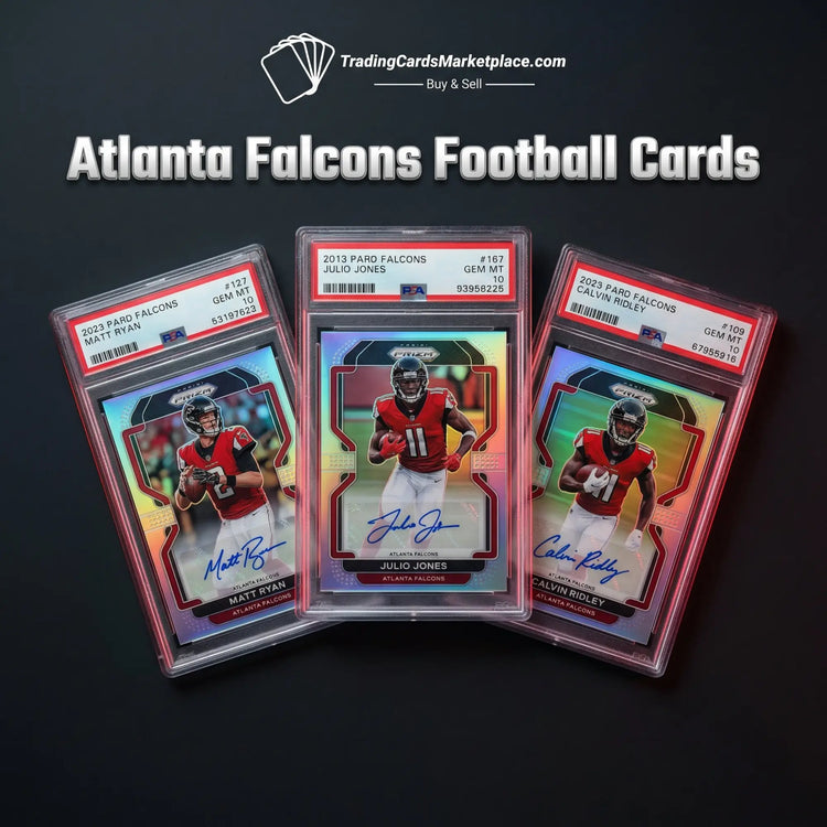 Three collectible atlanta falcons football trading cards, each encased in a clear protective slab with red and silver holographic borders.