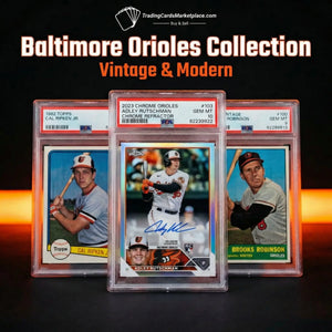 Baltimore orioles baseball cards featuring players in white uniforms with orange accents and black caps, displayed alongside a stitched baseball.
