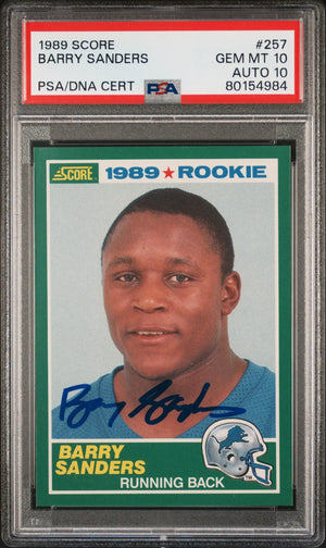 1989 score rookie baseball card featuring barry sanders, autographed and graded psa/dna gem mint 10.