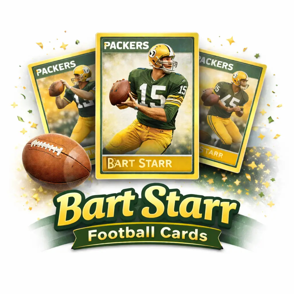 Green and yellow football trading cards featuring bart starr in a packers uniform.