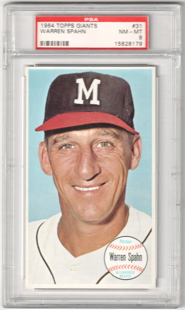 PSA-graded Warren Spahn 1964 Topps Giants card, smiling with an M cap for Columbia Hobby