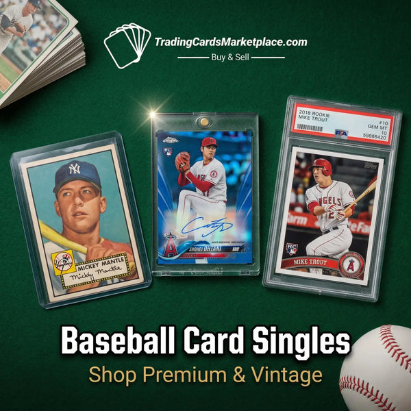 A vintage mickey mantle baseball card in a clear protective sleeve with a yellow and black label, featuring his iconic yankees cap and bat pose.