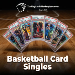 A collection of vibrant, holographic basketball trading cards encased in clear protective sleeves.