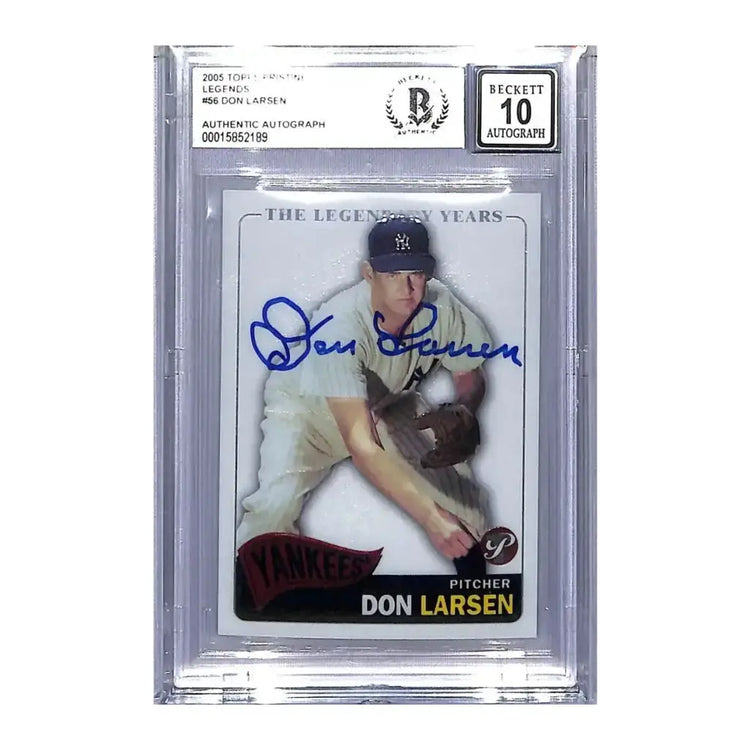 A 2005 topps legends baseball card featuring don larsen in a white yankees uniform with a blue cap, encased in a clear protective slab.