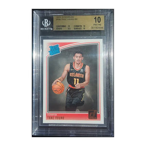 2018-19 donruss rated rookie #196 trae young rr basketball trading card encased in a beckett graded 10 pristine protective slab.