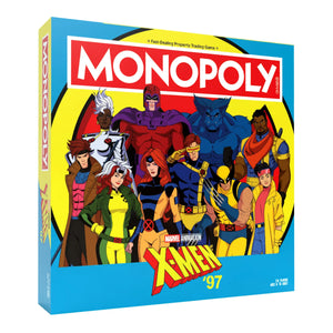 This is a vibrant blue monopoly board game box featuring the x-men ’97 animated characters in their iconic costumes, with bold red and yellow branding.