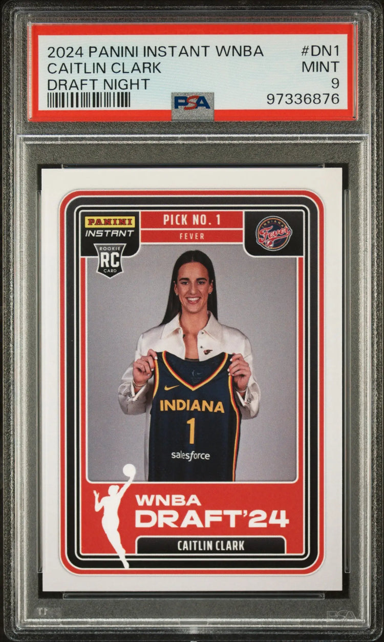 PSA-graded Caitlin Clark 2024 Panini Instant WNBA Draft Night rookie card holding jersey
