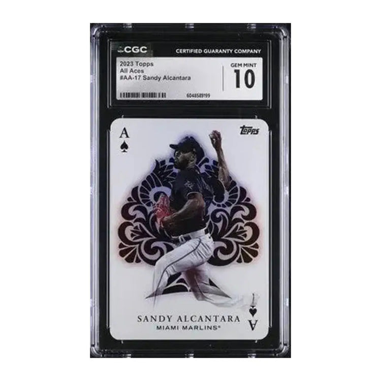 2023 topps all aces ace of spades baseball card featuring sandy alcantara in a dynamic pitching pose, encased in a cgc gem mint 10 protective slab.