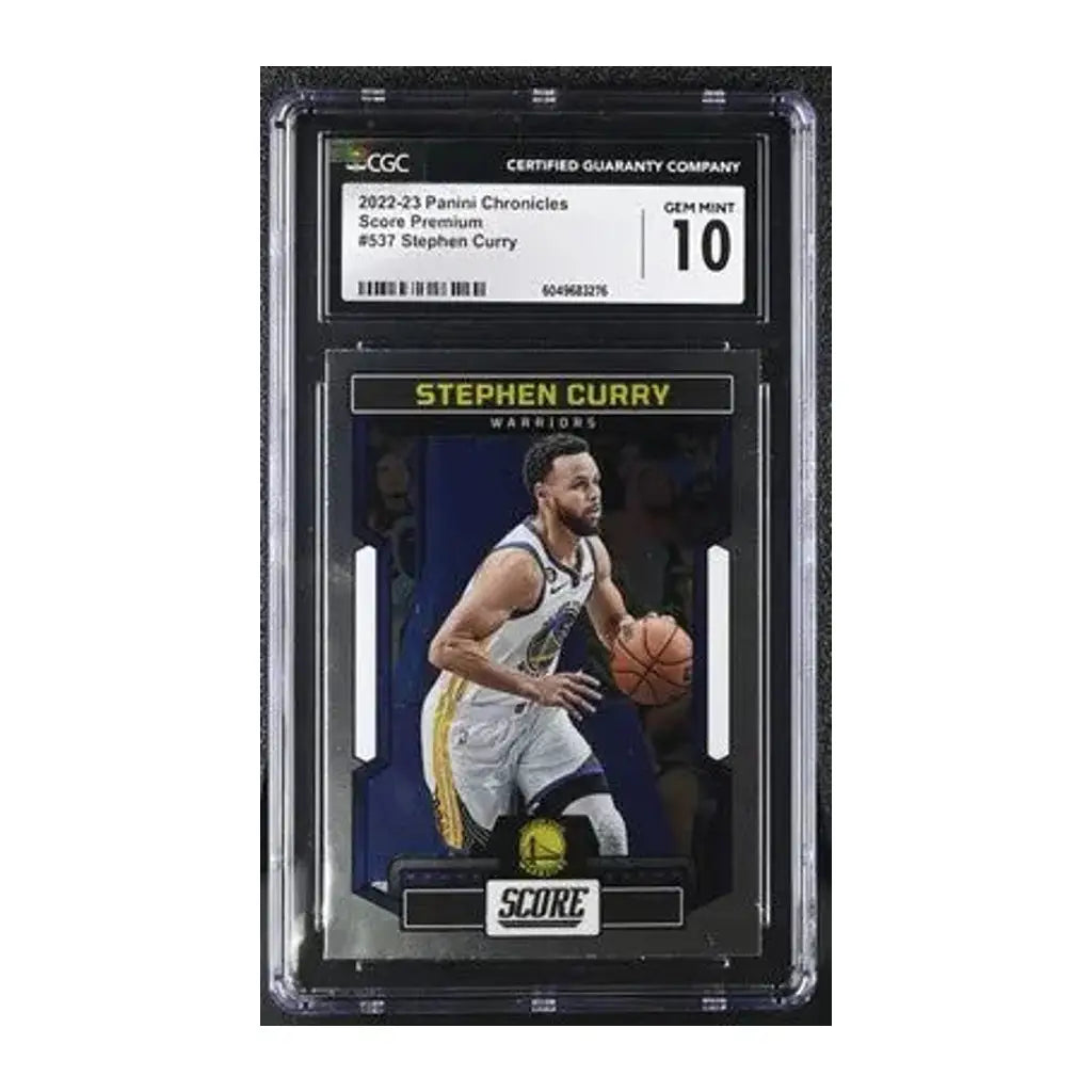 A 2022-23 panini chronicles score premium basketball trading card featuring stephen curry in his golden state warriors uniform, encased in a cgc-certified protective slab with a gem mint 10 rating.