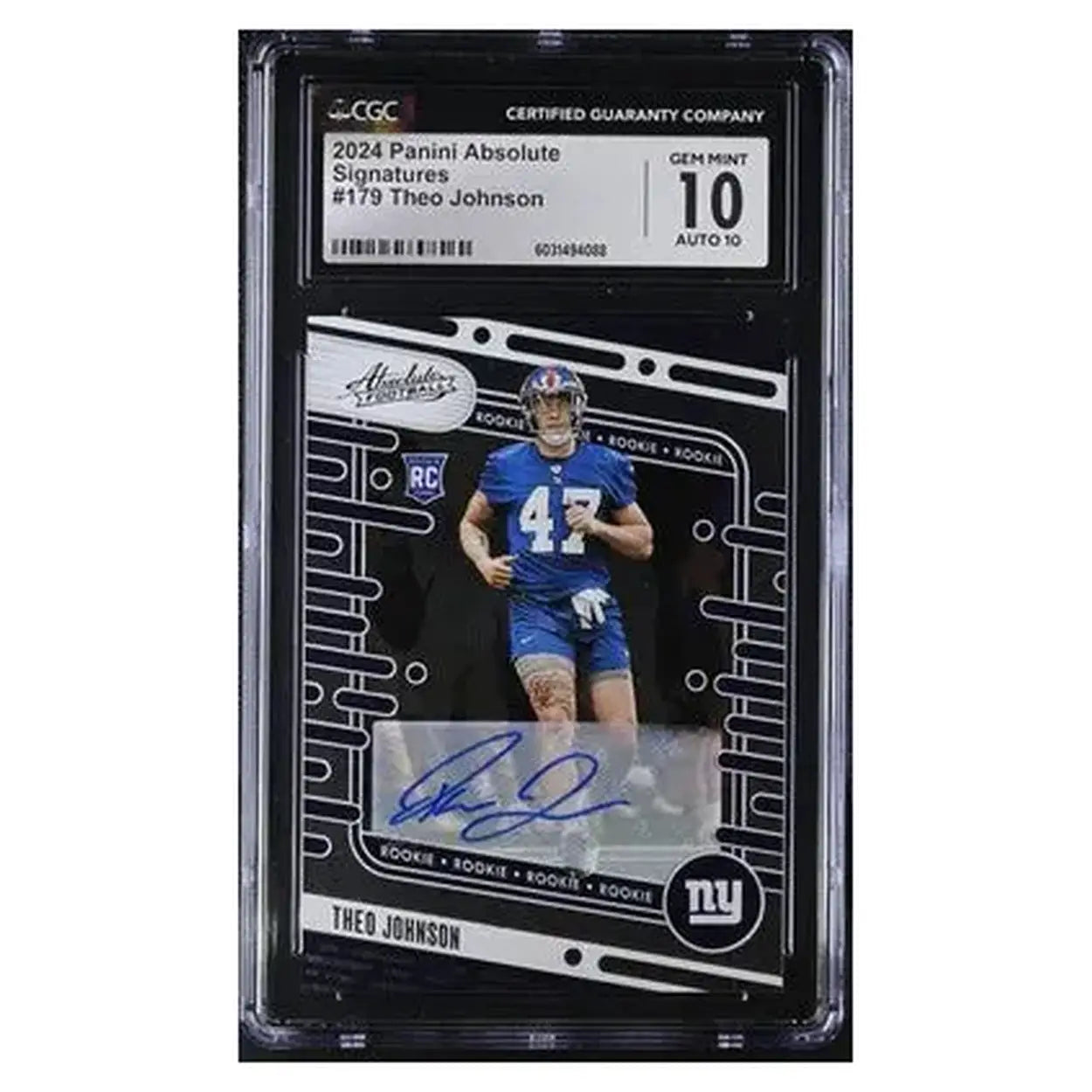 This is a 2024 panini absolute signatures rookie autographed football trading card featuring theo johnson in his blue new york giants uniform, encased in a cgc-certified gem mint 10 protective slab.