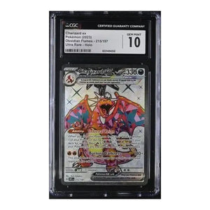 Charizard vmax trading card with fiery dragon design, red and orange hues, shiny surface.