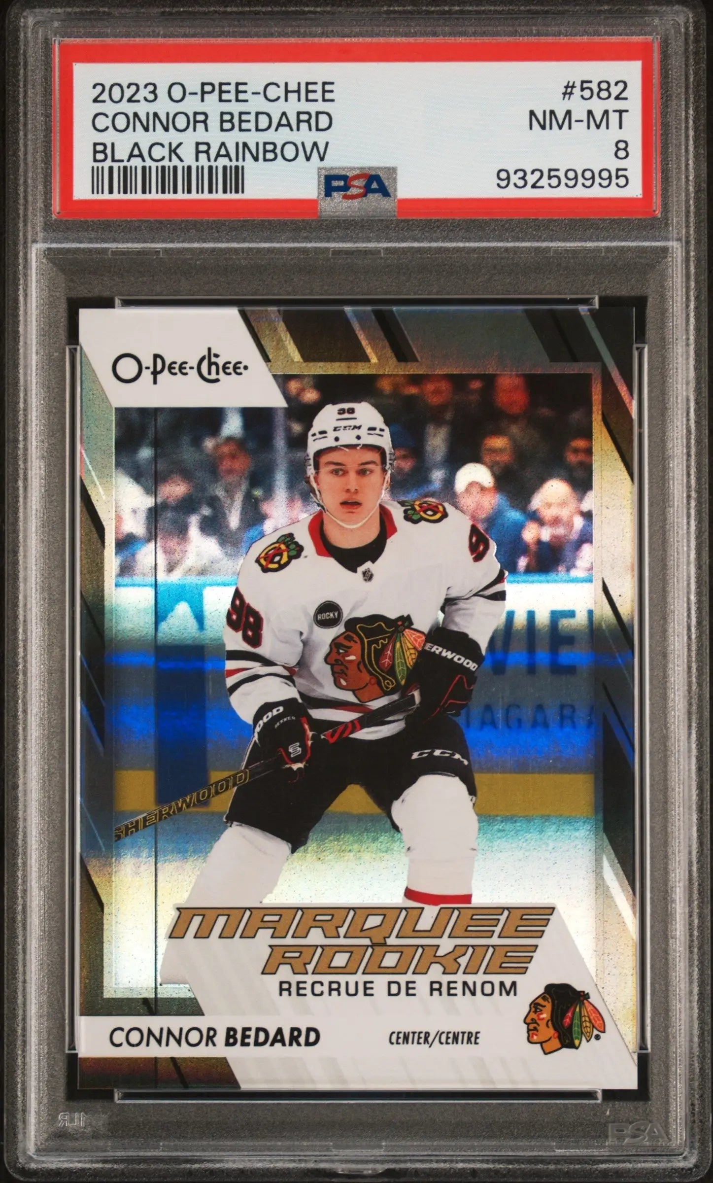 2023 o-pee-chee connor bedard black rainbow marquee rookie hockey card, graded nm-mt 8 by psa.