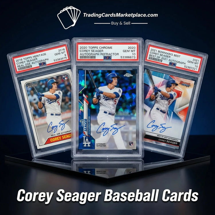 Three graded corey seager baseball trading cards in clear protective slabs, featuring his autograph and a blue helmeted player image on each.