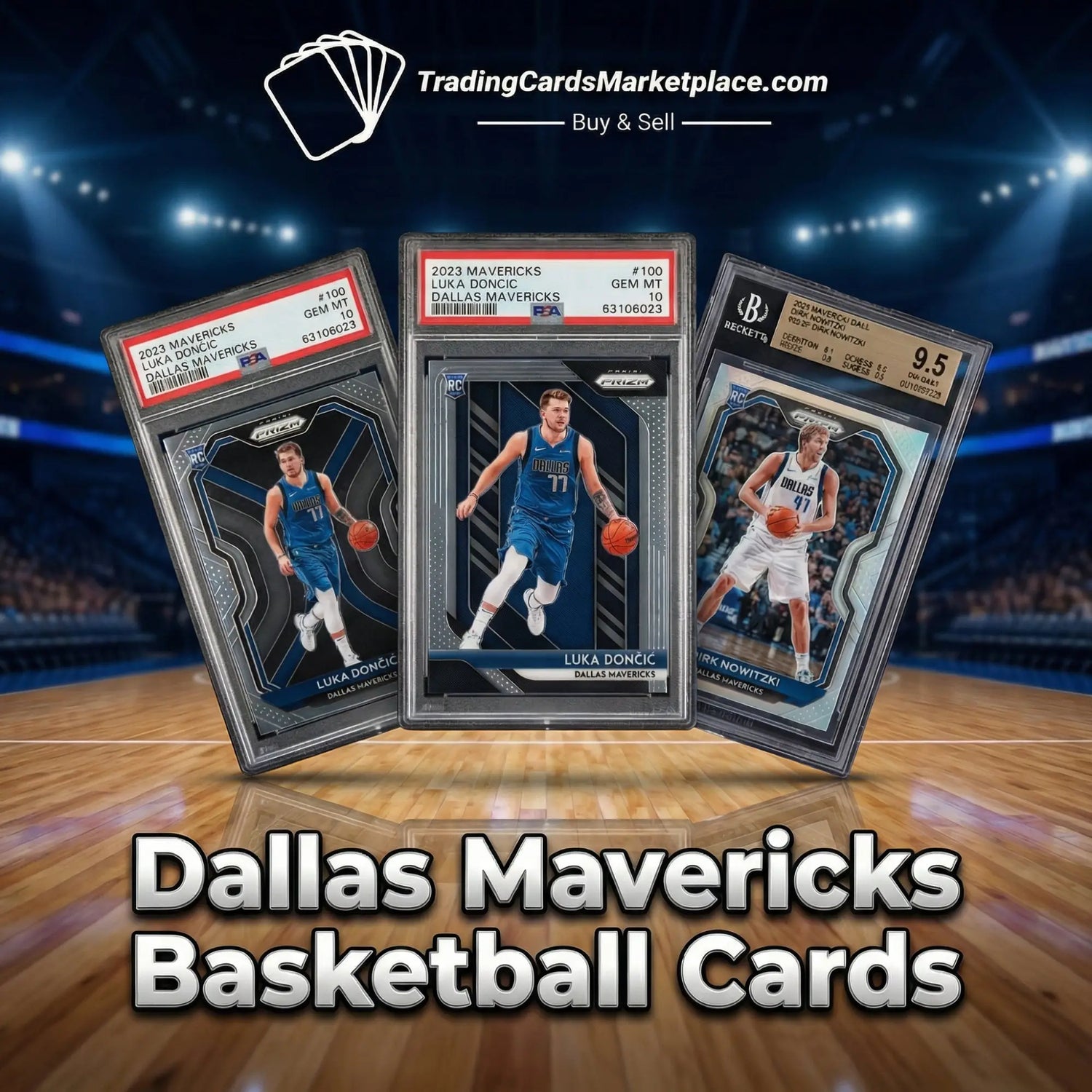 Three graded dallas mavericks basketball trading cards in protective cases, featuring luka doncic and dirk nowitzki with black and silver designs.