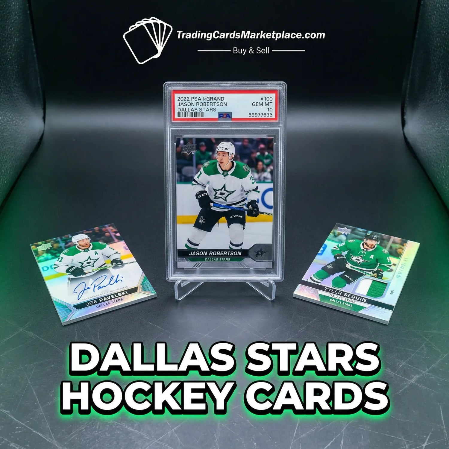Green dallas stars hockey trading cards featuring players in their team jerseys.