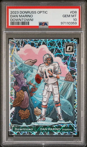 2023 donruss optic #d8 dan marino downtown! Football trading card featuring a holographic, iridescent design with vibrant blue and pink hues.