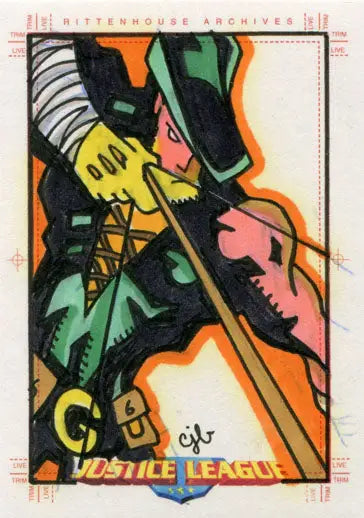 Abstract colorful illustration of a figure playing a stringed instrument on a sketch card by Corey Breen featuring Green Arrow