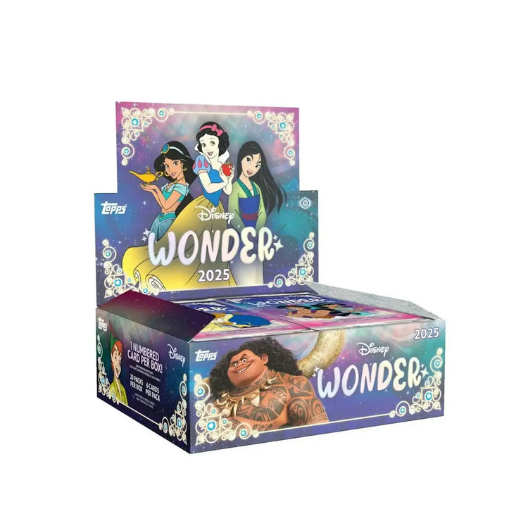 Display box of Disney Lorcana trading card game booster packs featuring animated characters.