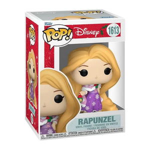 Purple rapunzel funko pop vinyl figure with snowflake design and holiday-themed outfit.