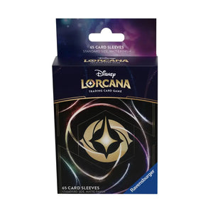 Black and gold disney lorcana trading card game box with 65 matte-finish standard-size card sleeves.