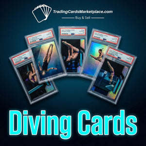 Collectible 2023 diving trading cards in clear protective psa grading slabs, featuring athletes mid-dive with iridescent holographic finishes and vibrant color gradients.