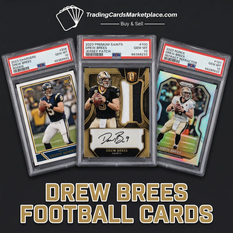 Three collectible drew brees football trading cards, each encased in a clear protective slab with red and white psa grading labels indicating their condition.