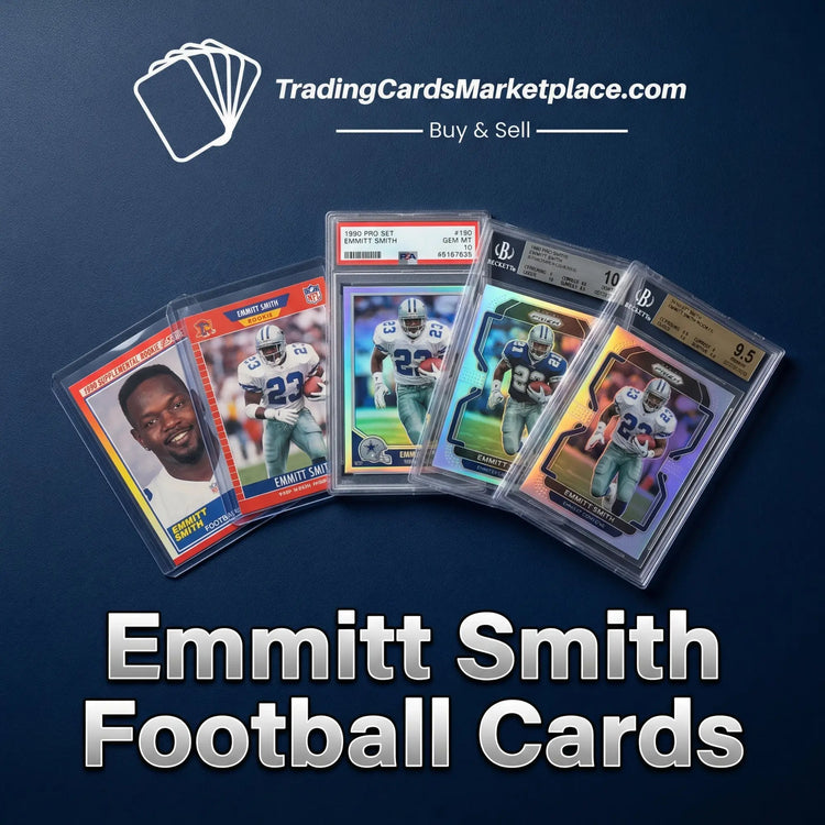 Emmitt smith football trading cards in clear protective cases with graded labels.