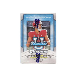 Bowman university chrome trading card box featuring a red football player in uniform with blue and white accents.