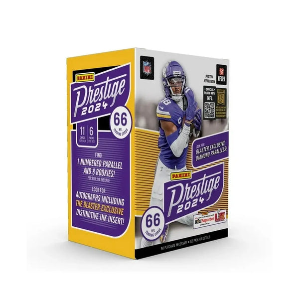 NFL Prestige 2021 football trading card box featuring Vikings team colors and branding.