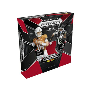 Red, black, and silver panini prizm 2025 draft picks trading card box featuring two football players on the front.