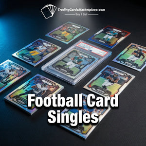 A collection of vibrant, holographic football trading cards with glossy finishes and player images.